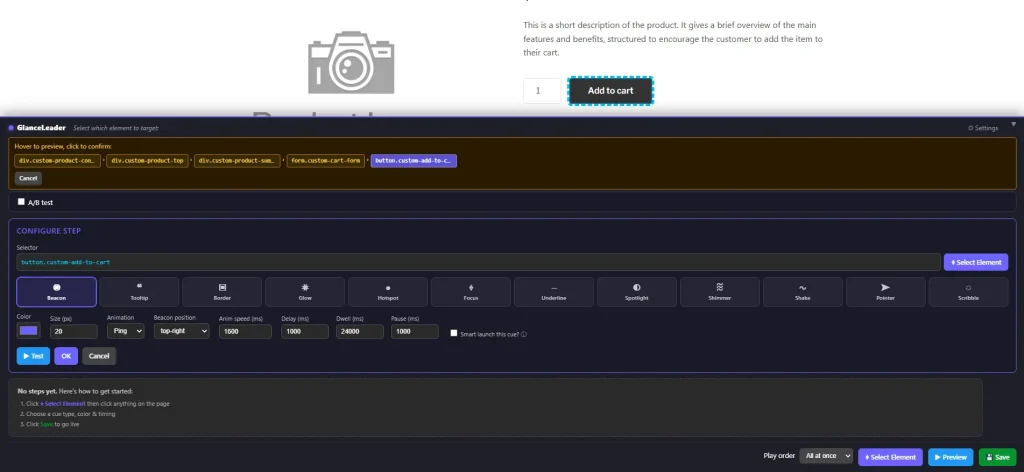 Selecting a button in the GlanceLeader visual editor to add an attention cue